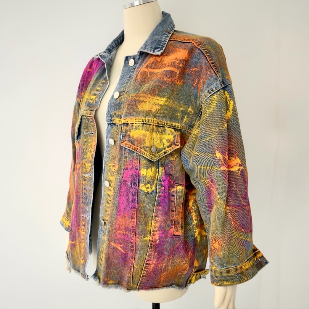 Beulah Splattered Paint Pollock Painted Oversized Distressed Denim Jean Jacket - Picture 10 of 16